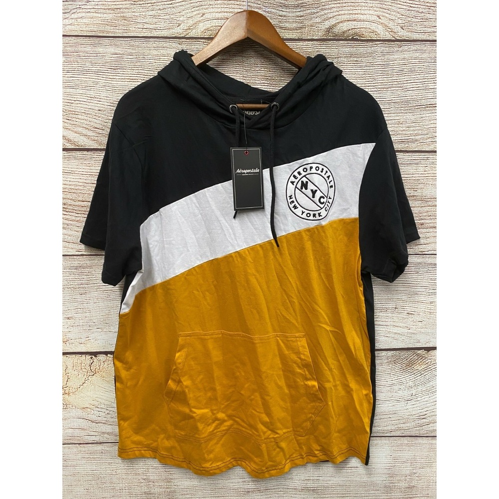 Aeropostale Shirt Mens Size Large Gold White & Black Striped Hooded Shirt New